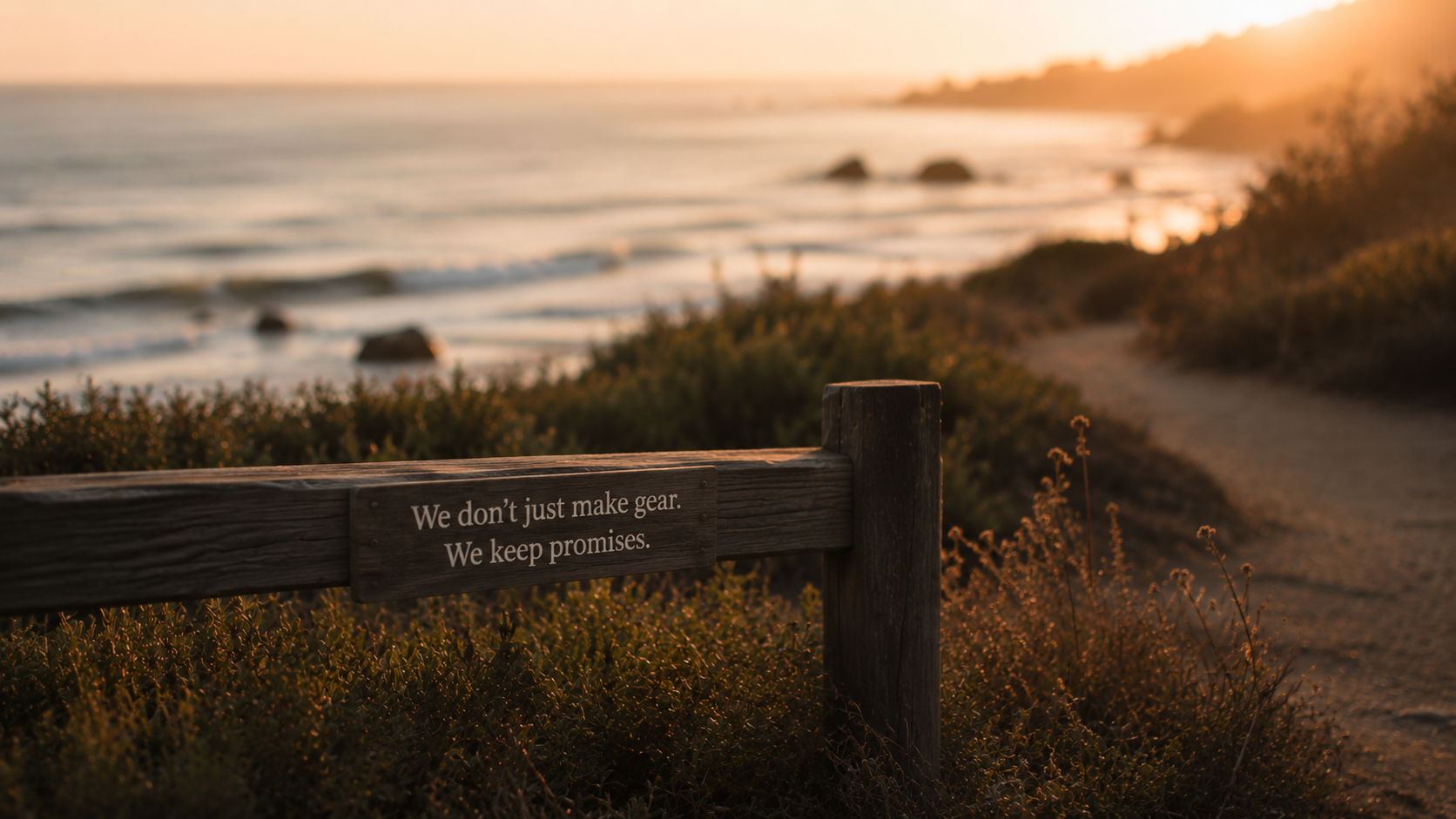 A coastal path at golden hour with a sign about keeping promises