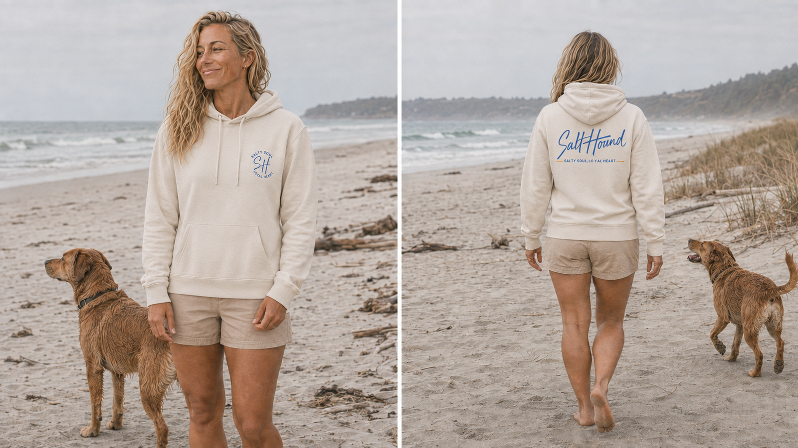 Women's Salt Hound Signature Collection hoodie shown from the back in a coastal setting