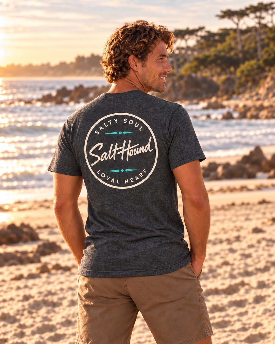 Men's Salt Hound Heritage Collection T-shirt, modeled coastal view