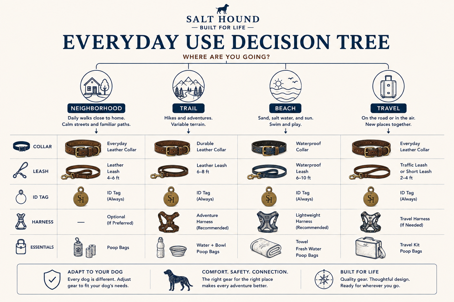 Needs-based equipment guide using everyday walks, training, water, travel and changing dog needs as examples rather than universal prescriptions.